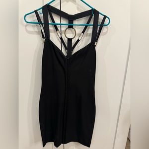 Nicole Miller Black Mini Dress with Criss Cross Back and Gold Metal Hardware